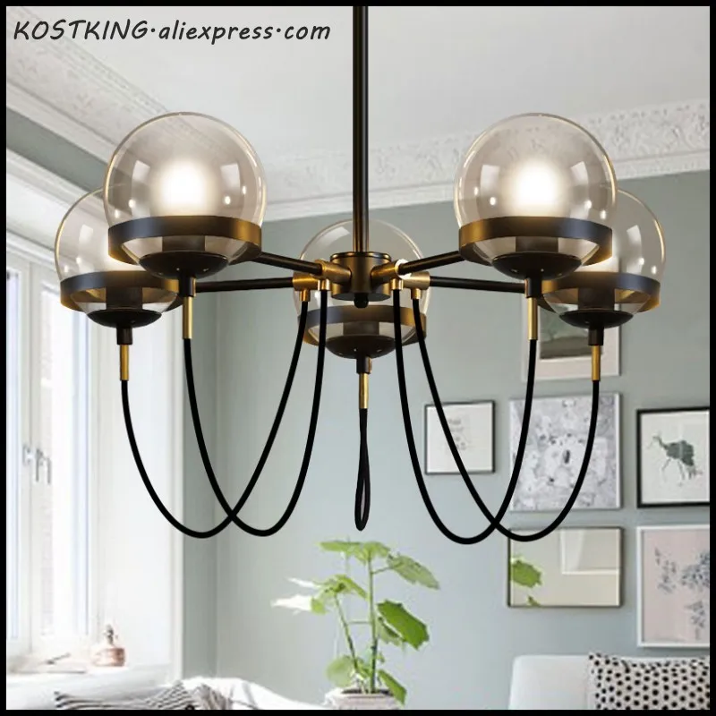 

Retro Mid Century Chandelier Designer Glass Ball Chandelier For Living Room Bedroom Kitchen Decor Black Gold LED Pendant Light