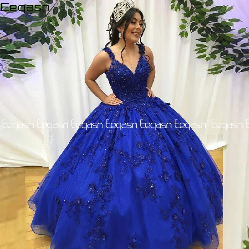 Eeqasn – robe De soirée pour filles, bleu Royal, col en V, avec des appliques en dentelle, nouvelle collection 2021