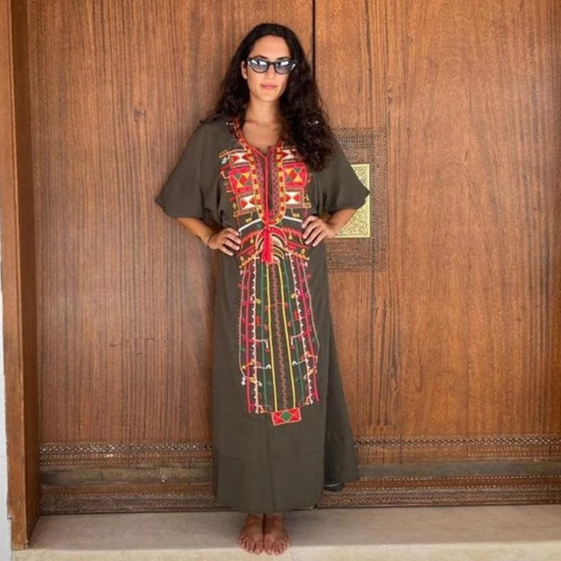 Mexican Dress Embroidery Robe Delicate Geometrci Pattern Lace-Up V-Neck Kaftan Maxi Dress Retro-Fashion Boho Party Tunic Caftan
