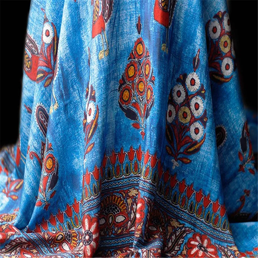 Newest Amazing Peacock Blue Design Pure Silk Crepe De Chine Fabric with Printing for Elegant Lady Dress