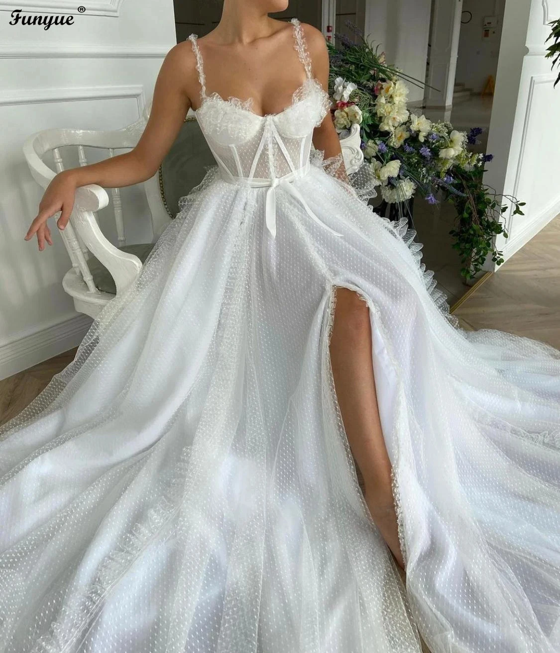 

A-Line Dotted Tulle Bridal Gown White Princess Wedding Dress Sweetheart Boning Corset Vestido De Noiva Beach Bride Dresses 2024