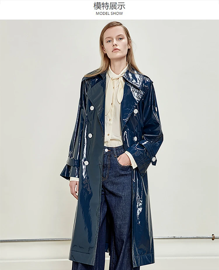 Nerazzurri Spring Autumn Waterproof Long Thin Soft Flowy Shiny Reflective Dark Blue Faux Leather Trench Coat for Women 2025