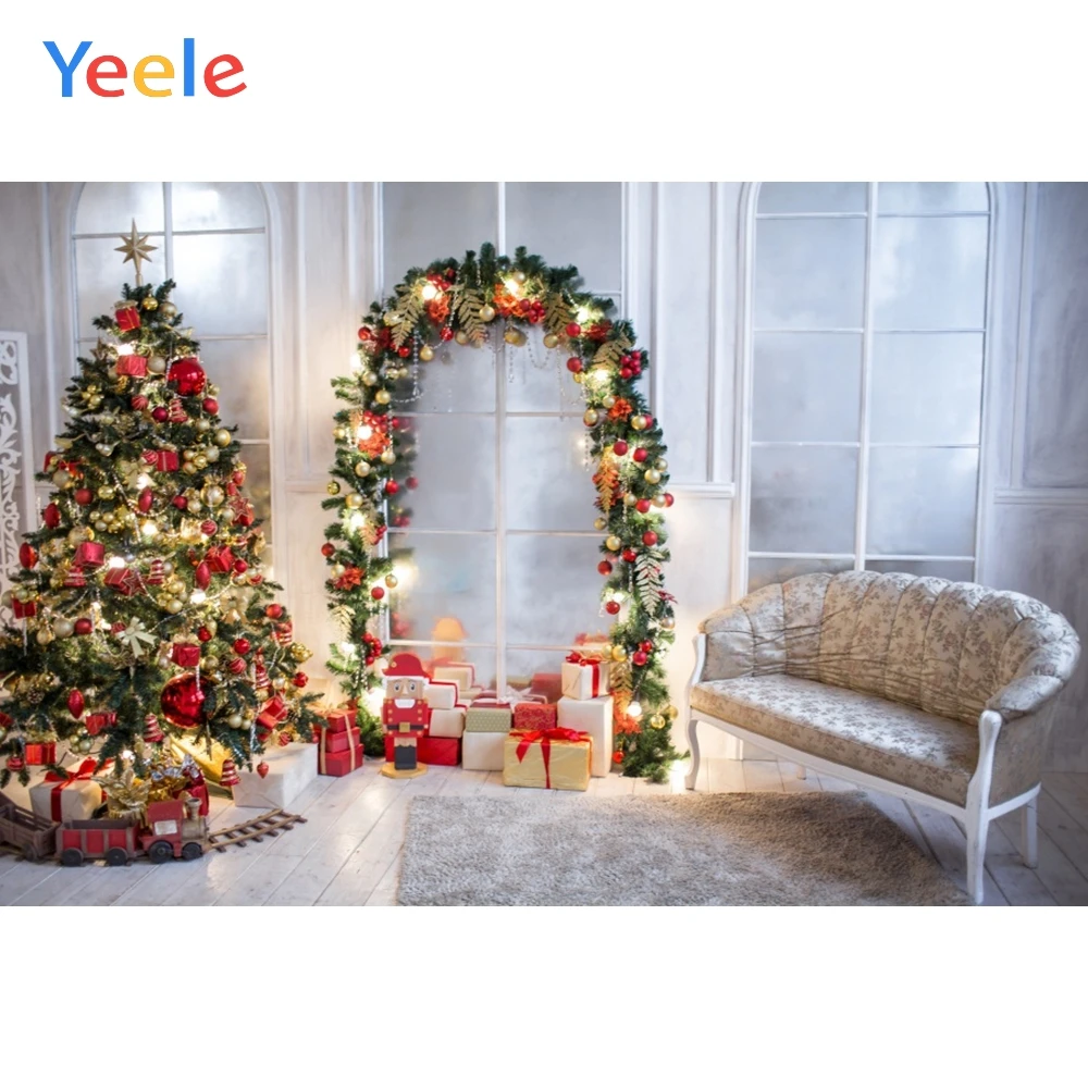 

Christmas Decor Tree Window Wreath Gift Sofa Wooden Floor Backdrop Photography Custom Photographic Background For Photo Studio