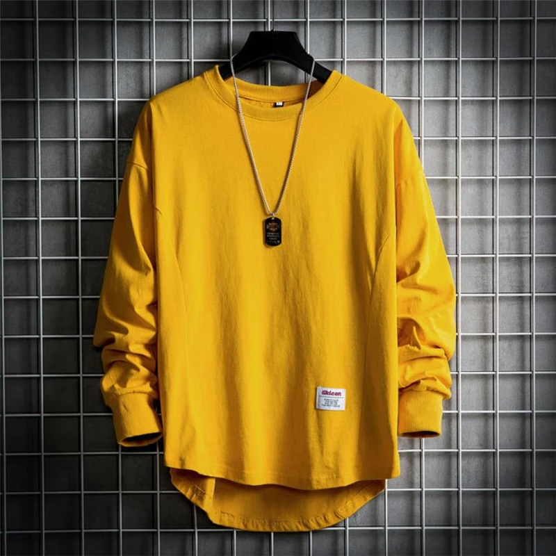 T Shirt Male Harajuku Autumn Fashion Streetwear Oversize Long Sleeve Tees Solid Comfort O-neck Loose T-shirts Men Pullovers 2021