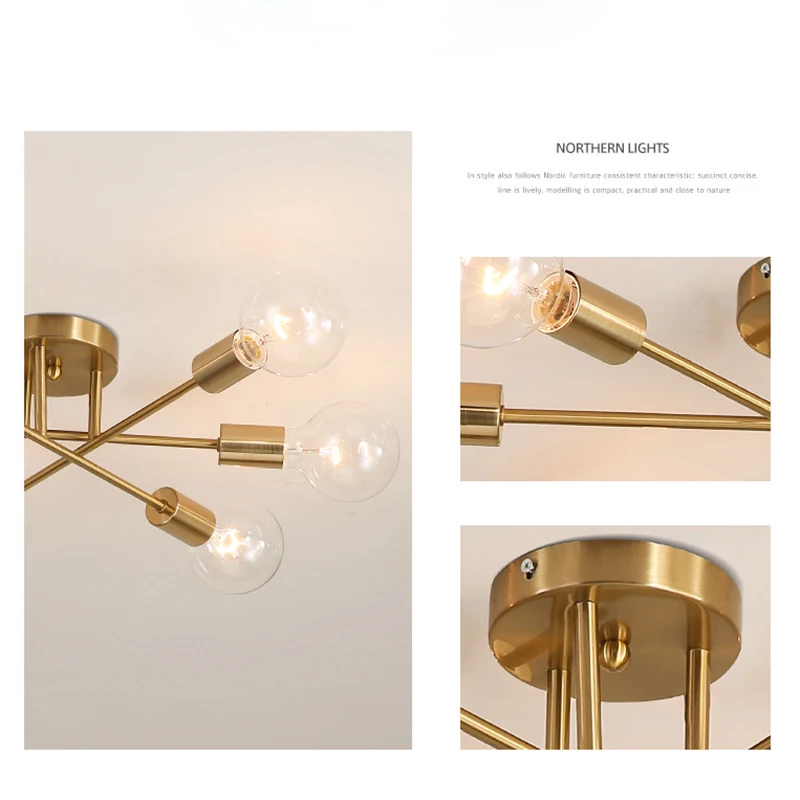 Modern Chandelier Gold/Black Ceiling Lights Fixture Nordic Semi Flush Mount Living Room Ceiling Lamps  Lndoor Furniture Lighting