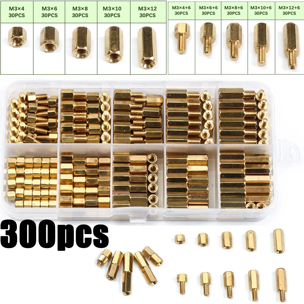 300Pcs Hex Head Brass Male/Female Nuts Bolts Set Standoff Spacer Screws Threaded Pillar Threaded Rivets Nuts Assortment M2/M3