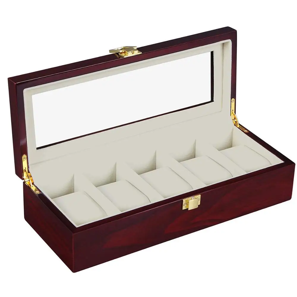 Men's Gift Wooden Watch Box 5 Slots Watch Display Case With Glass Top Locking Clasp Showcase Watches Storage Organizer Holder