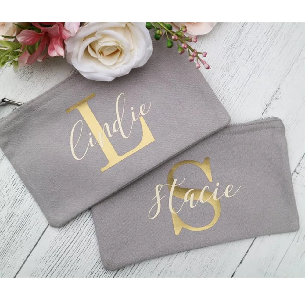 

Personalized Bridesmaid Pouch Makeup Bag team bride Cosmetic Bags Make up Organizer Toiletry Bag Gold Canvas bridal shower gift