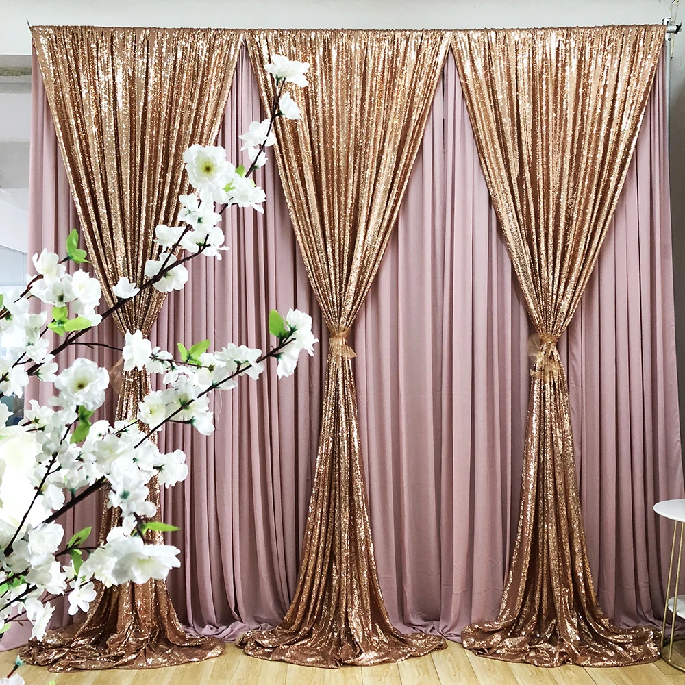 

2020 December New Design 3m H x3m W Hot Sale Blush Pink Curtain Champagne Gold Sequin Drape Wedding Backdrop