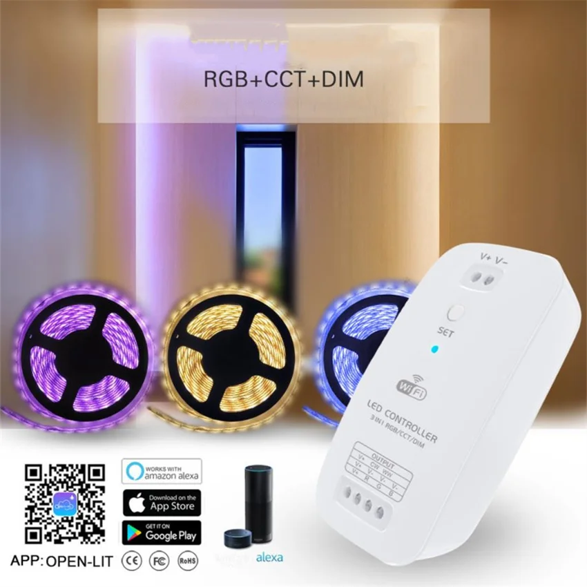 واي فاي اللاسلكية خافت CCT RGB LED جهاز تحكم ذكي العمل مع نظام أندرويد iOS الهاتف المحمول App ل 5050 3528 مصباح ليد قطاع