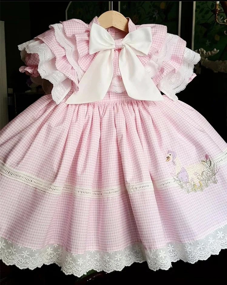 Baby Girl Summer Duck Embroidery Pink Plaid Turkish Vintage Ball Gown Princess Dress for Easter Eid Birthday Party
