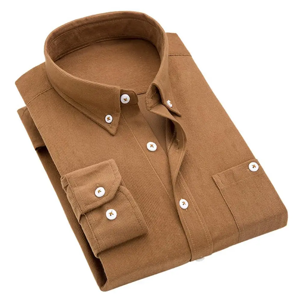 Mężczyźni w stylu Vintage skręcić w dół kołnierz sztruksowe guziki Plus rozmiar elegancka typu Slim Shirt