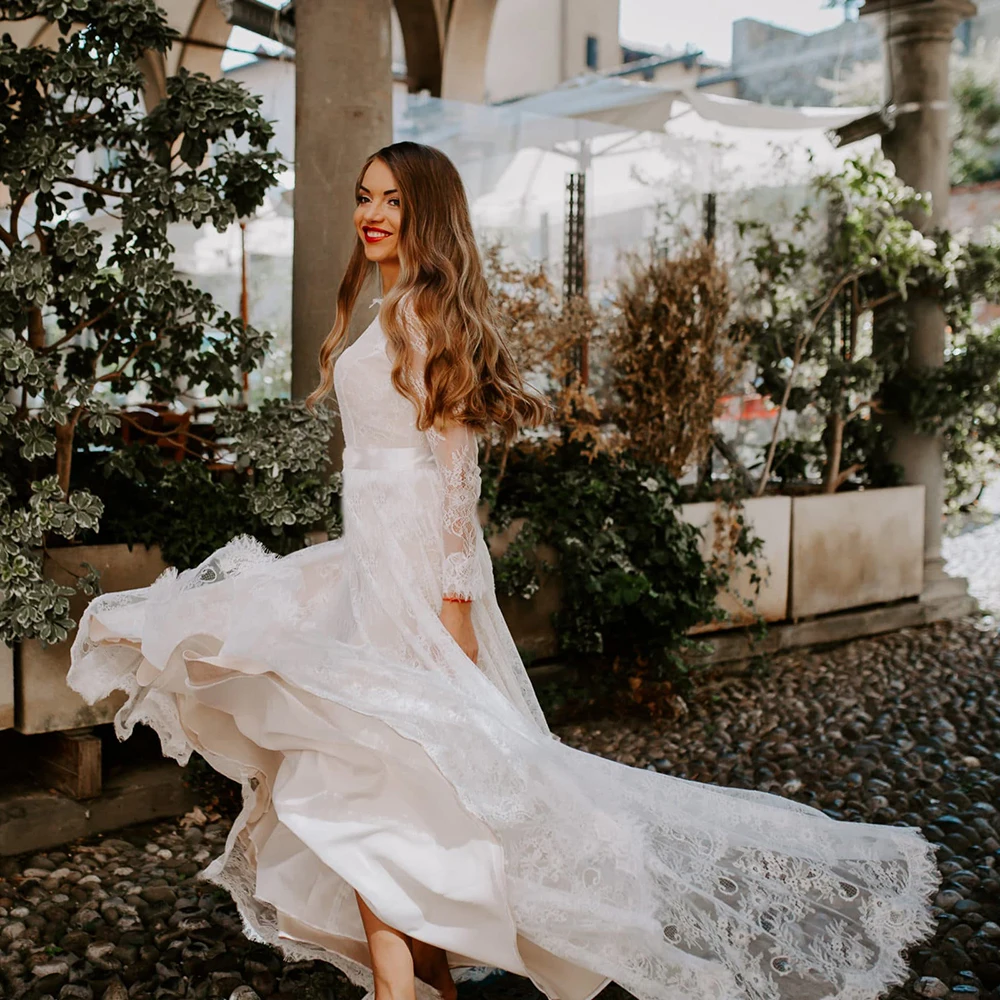 Vestido de casamento de renda de manga longa sheer uma linha feito sob encomenda barco pescoço mais tamanho rústico faixa romântico jardim bateau praia vestido de noiva