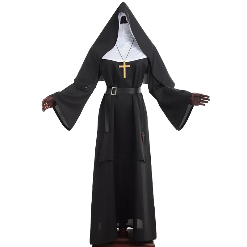 Trajes de Halloween para Mulheres, Monja Assustadora Cosplay, Vestido Preto, Virgem Maria, Carnaval, Traje Medieval Demoníaco, Plus Size, S-3XL, 2023