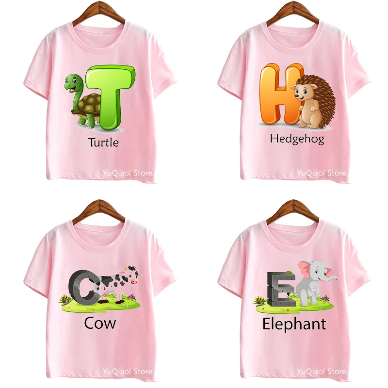 Pink Girl T-Shirt Cute Cartoon Animals Hedgehog/Giraffe/Elephant/Cow/Bear/Koala/Tiger/Horse Print Graphic T Shirts Kids Clothes