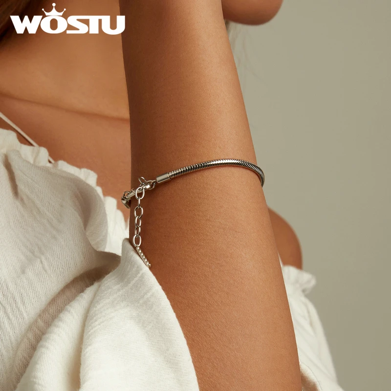 WOSTU 925 Sterling Silver Simple Snake Link Infinity Bracelet s925 For Women Unique Fine Jewelry Gift Zircon Handchain FNB085