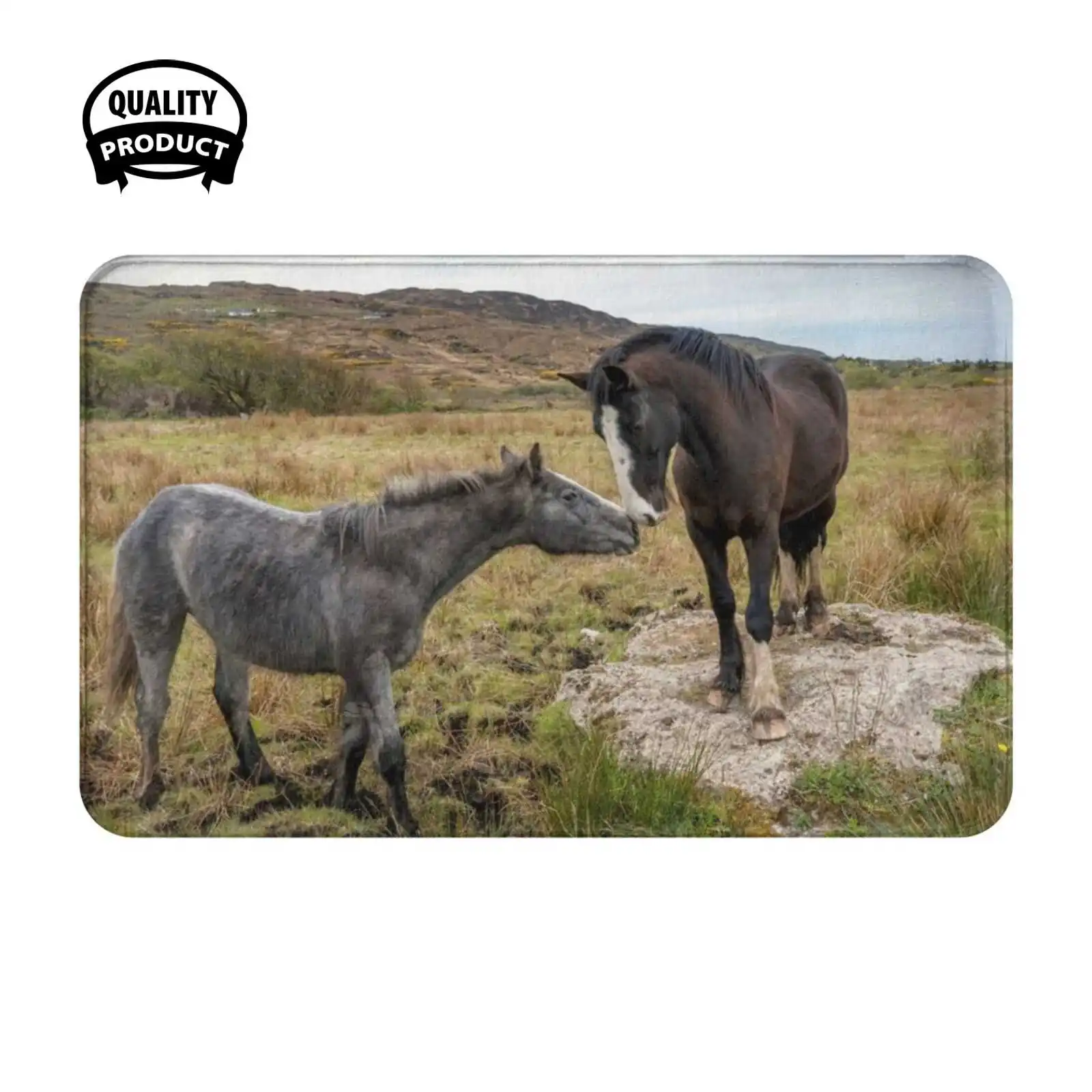 부드러운 쿠션과 키스하는 두 아일랜드 말, 홈 카펫 문짝 매트, 자동차 러그 말, 회색 다크 브라운 시골, 달콤한 사랑스러운 동물 애호가