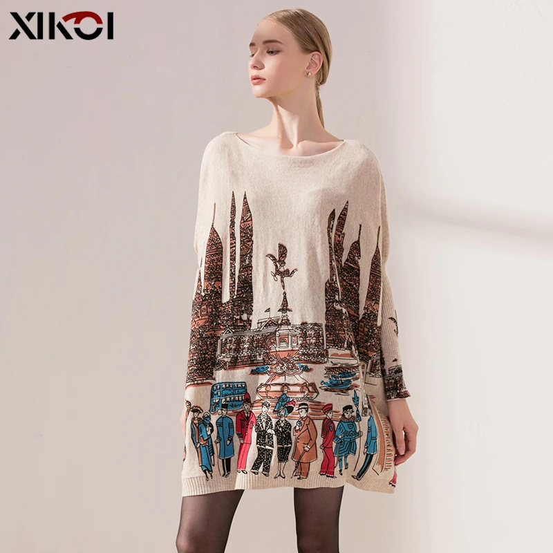 Oversized Sweater Women Pullover City PrintDress Winter Pull Knitted Cloth Loose Long Batwing Sleeves Casual sueter mujer