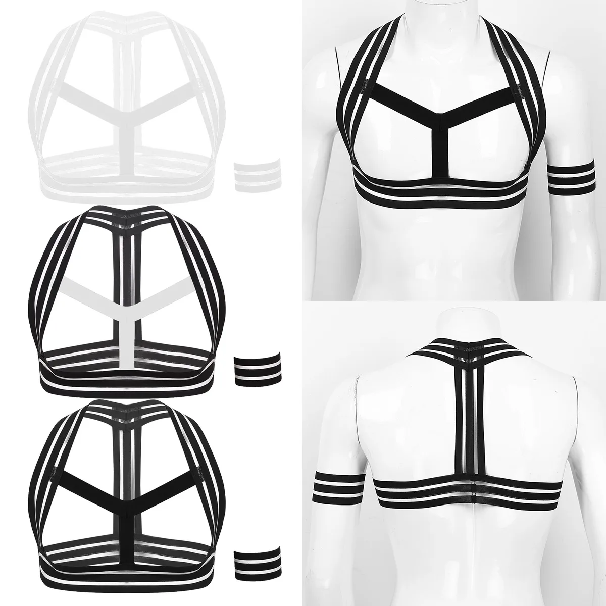 Mens Elastic Striped Body Chest Harness Belt Shoulder Support Brace Muscle Straps with Armband Costumes Clubwear Harness Men