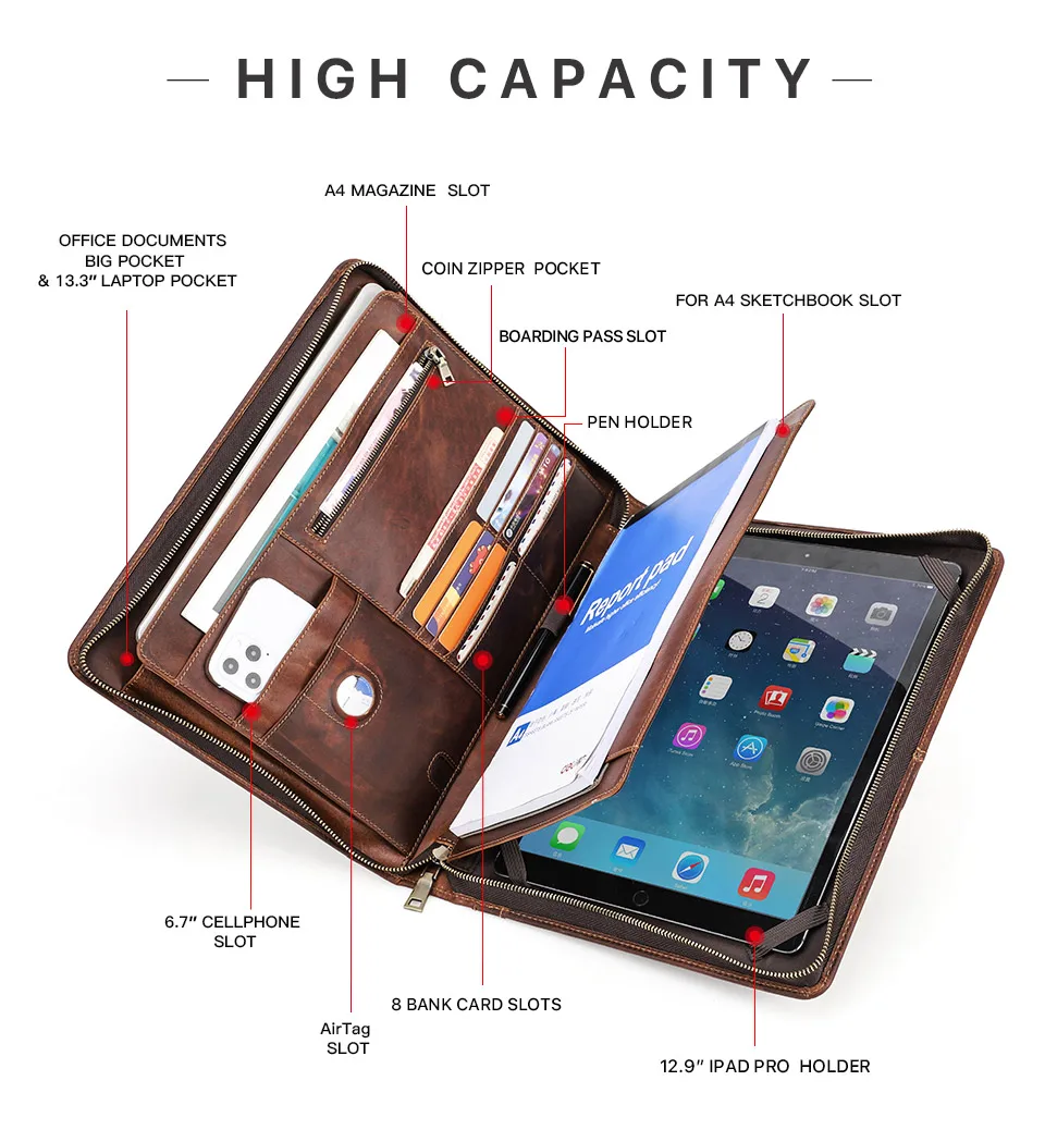 MacBook Pro Air 13 iPad Pro 13 12,9 Portfolio Datei Ordner Kuh Leder Cover Veranstalter Reise Business Office Dokument Aktentasche – Detail 10