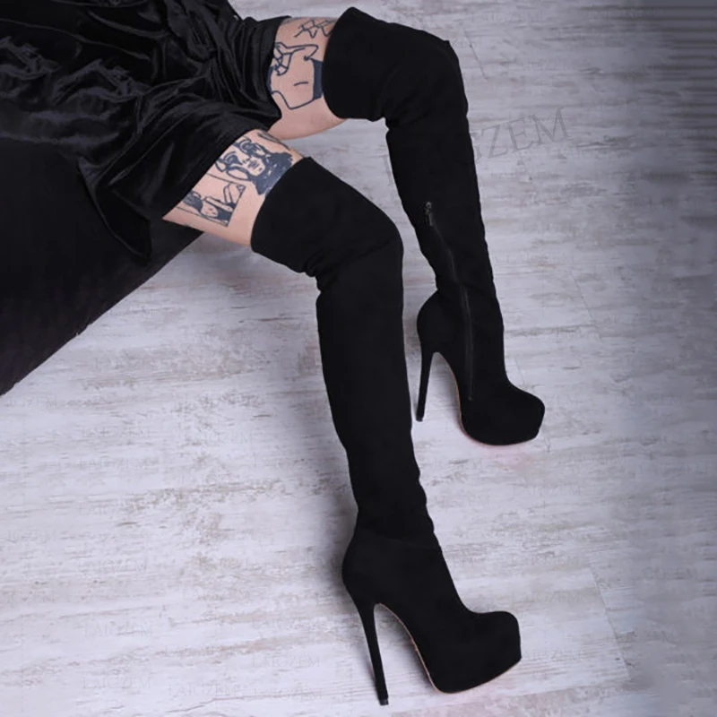 LAIGZEM Women Thigh High Boots Side Zip Thin High Heels Boots Over Knee Faux Suede Autumn Winter Party Zapatos Big Size 41 43 52