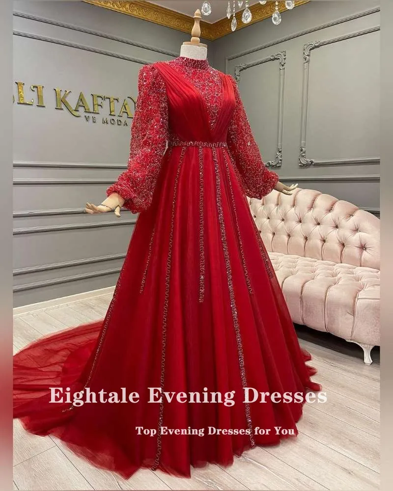 Eightale Dubai Evening Dresses High Neck Shiny Beaded Long Sleeves Tulle Red Arabic Prom Gown Plus Size Party Dress Custom Made image 2