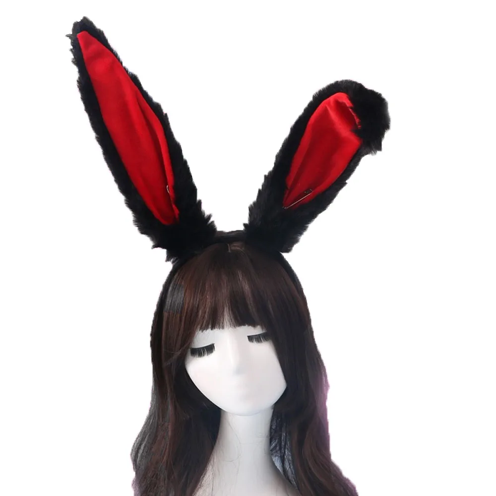 Pink Cute Rabbit Bunny Ears Headband Japanese Halloween Lolita Handmade Hair Accessories Cosplay Party Costume Black