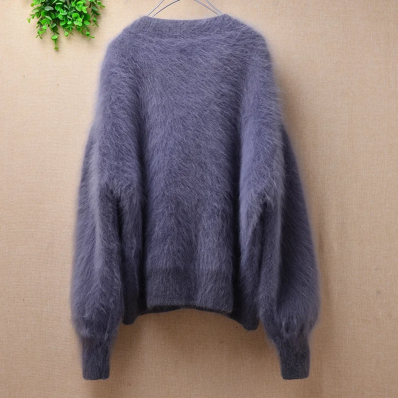 ladies women fashion short thick fuzzy mink cashmere loose cardigans long lantern sleeves angora rabbit fur knitted winter coat