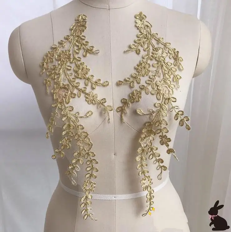 2 Pcss/1 Pair 39*12cm New Large Tree Leaf Embroidery Neckline Neck Collar Lace Applique Off White Gold Bridal Dress Decoration