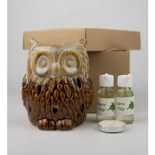 Gift Idea Brown Owl Design Censer and 2gang Mint Oil Set