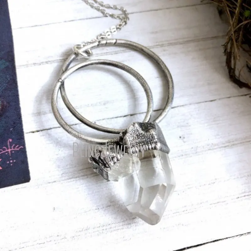 NM40016  Raw Crystal Necklace Clear Quartz  In Silver Bohemian Jewelry Gift For Her Gypsy Gothic Hoop   