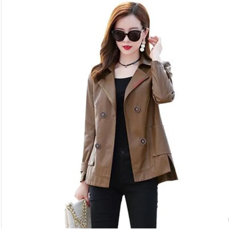 Long leather jacket in the spring and autumn women's clothing new leisure was thin locomotive lapel embroidery PU windbreaker