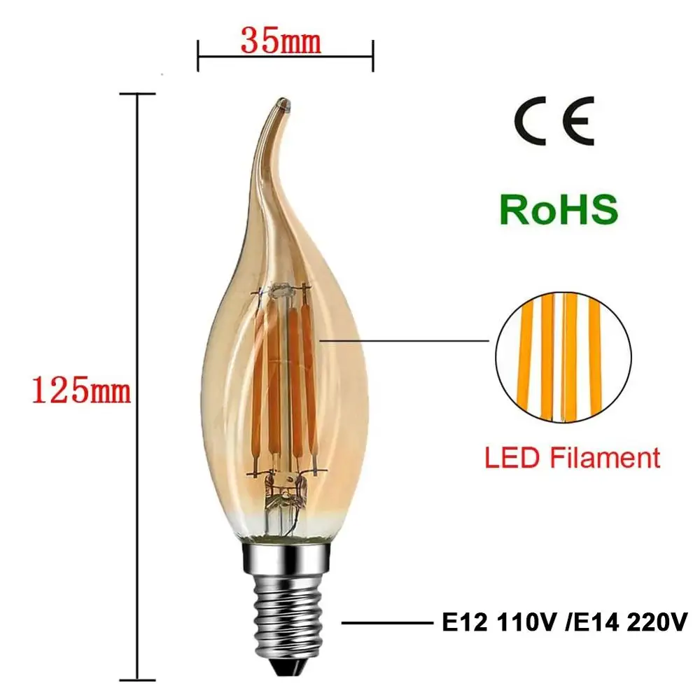 Grensk 4 واط سلك كهربائي بلمبة LED غير قابلة للتعتيم شمعة ضوء لمبة 2700 كيلو E14 الشمعدانات قاعدة لهب شكل عازمة تلميح 25 واط المتوهجة يعادل C35