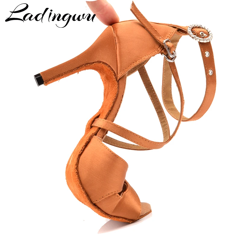 Ladingwu Latin Dance Shoes Salsa Women Bronze Satin Paty Tango Salsa Dance Shoes Round Rhinestone buckle Ballroom Shoes Dance