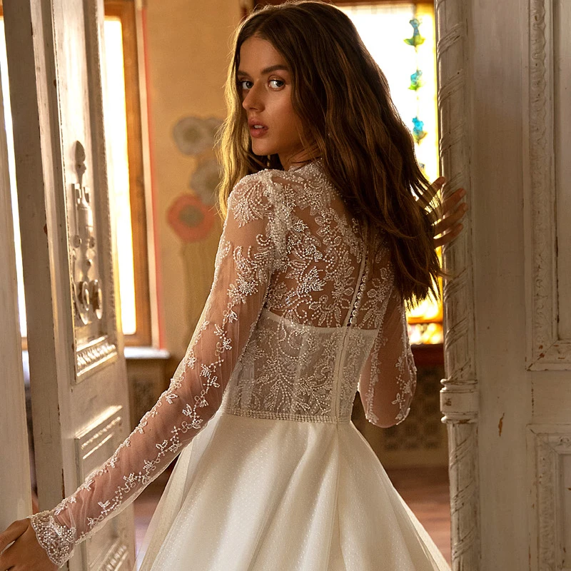 Robe de mariée de style bohémien en dentelle blanche et Tulle, tenue de mariage élégante à manches longues et col haut, grande taille