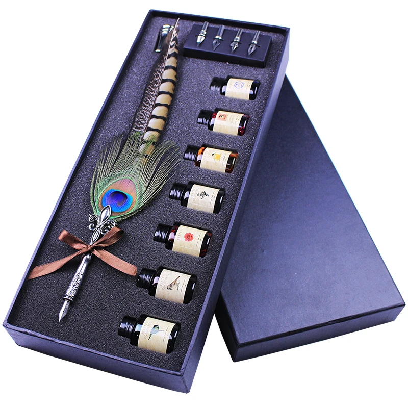 1set Gift Box Calligraphy Feather Dip Pen with 7pcs 20ml Colorful Ink Set Quill Fountain Pens Stationery School Supply