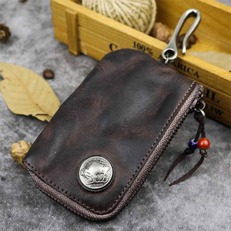 Cartera de cuero Original para hombre, cartera corta Vintage hecha a mano con cremallera para llaves de coche, monedero, estuche para tarjetas,