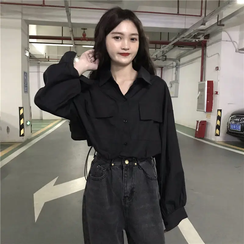 Shirts Women Solid Black Streetwear Harajuku Cropped Blouses All-match Korean Fashion Single Breasted Long Sleeve Outwear Mujer