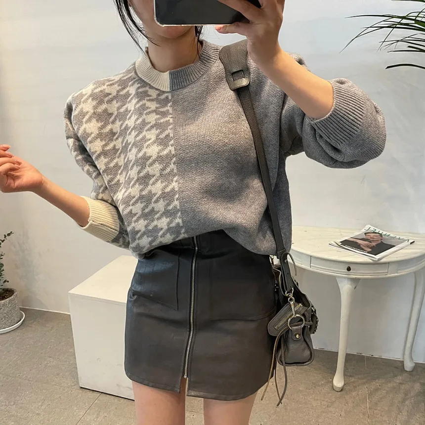 

Croysier Autumn Winter Crew Neck Long Sleeve Knitted Sweater Pullover 2021 Fashion Women Houndstooth Patchwork Sweaters Jumper