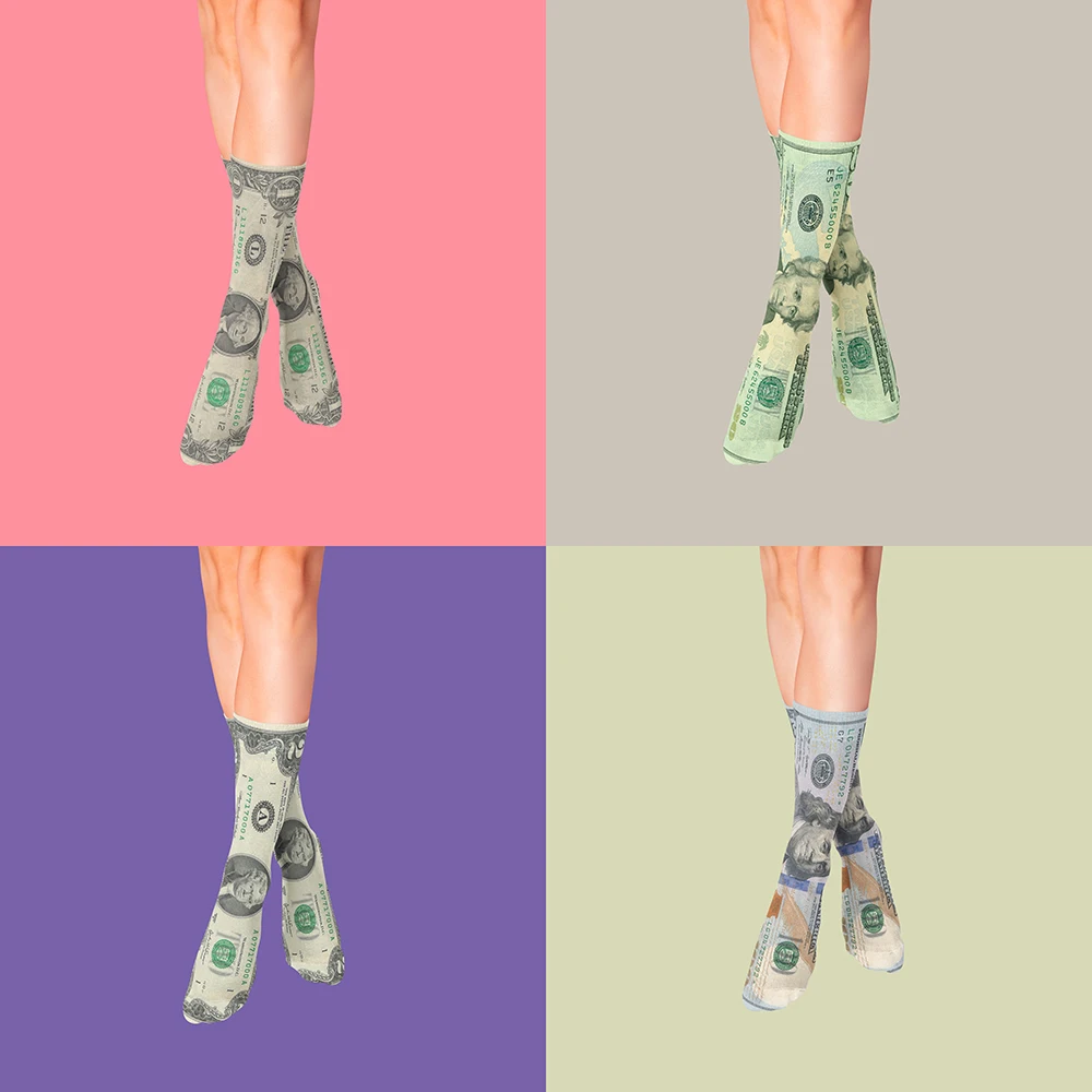 Chaussettes longues en coton pour hommes et femmes, Chaussettes décontractées, Design créatif, Drôle, Monnaie de l\'argent du papier, Rue, Hip Hop,