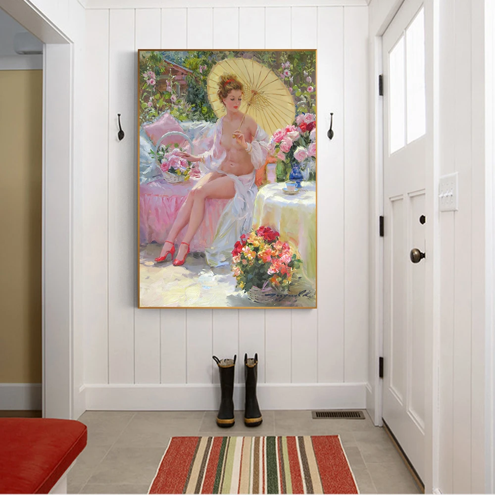 Citon Canvas Oil painting Konstantin Razumov《Nude lady holding umbrella》Art Poster Picture Modern Wall decor Home Decoration