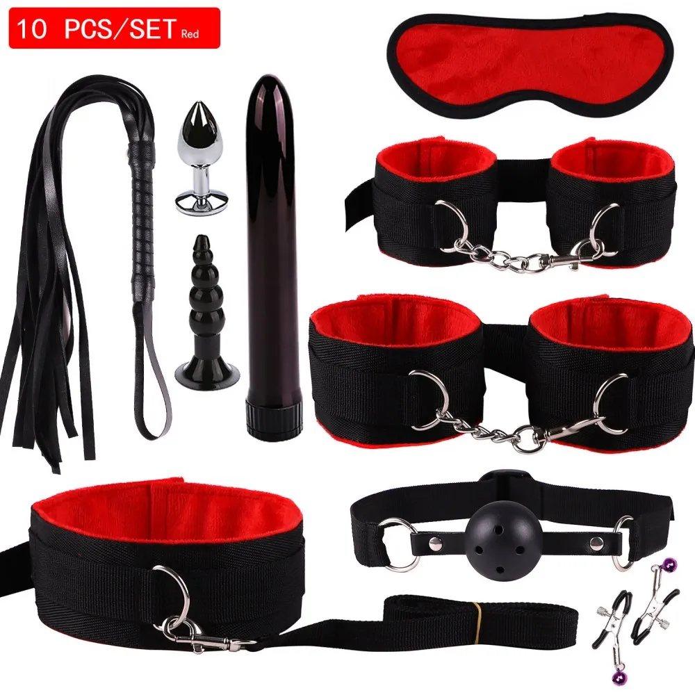 Sexy nylon BDSM Kits Plush Sex Bondage Set Handcuffs Sex Games Whip Gag Nipple Clamps Sex Toys For Couples Exotic Accessories