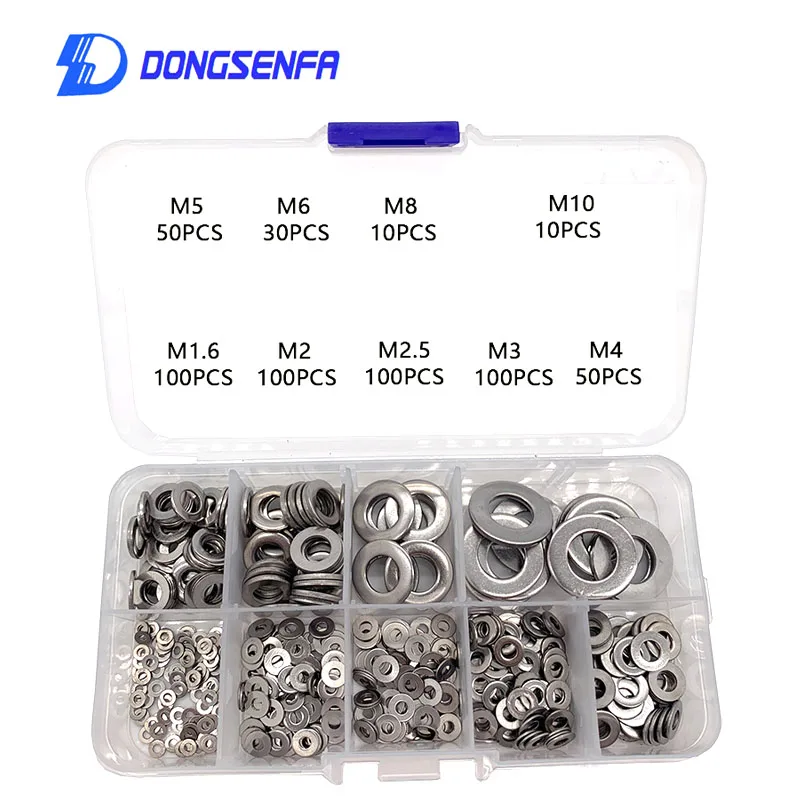 550PCS Stainless Steel Flat Washer 304 Stainless Steel Fastener Washer Gaskets Assortment Kit M1.6 M2 M2.5 M3 M4 M5 M6 M8 M10