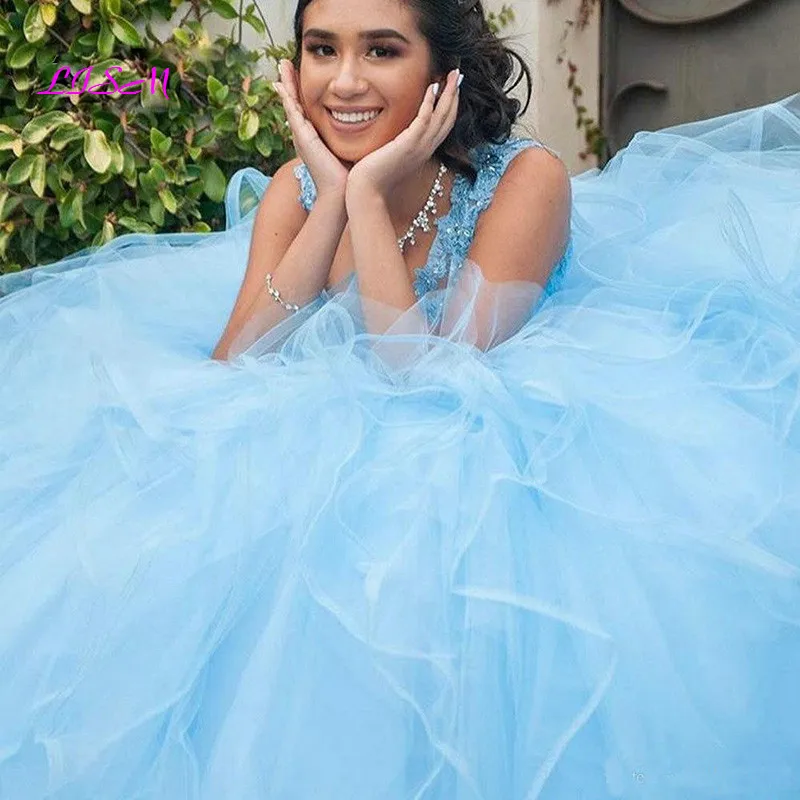 Vestido de princesa para baile de 15 años, traje de quinceañera azul cielo claro, apliques con cuello en V, lentejuelas, sin mangas, para fiesta, desfile, escalonado, 2021