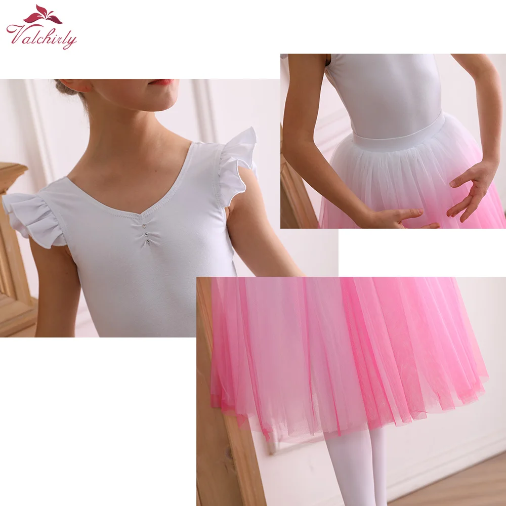 New Girls White Ballet Leotard with Long Gradient Pink Tulle for Performance Dance Costume