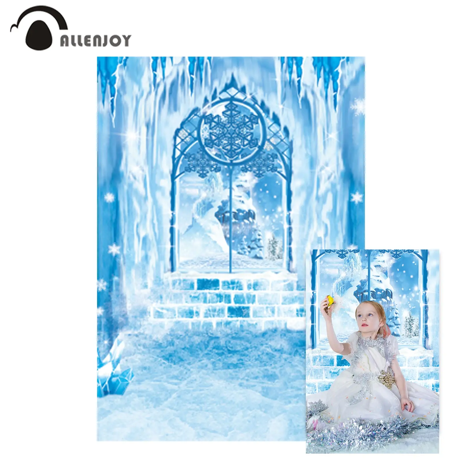 Allenjoy Winter Frozen Castle Palace Blue Backdrop Baby Shower Birthday Party Mountain Window Festival Background Decor Banner