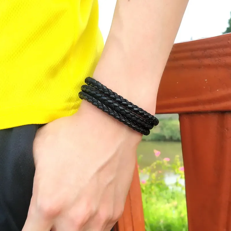 2020 Popular Black Retro Wrap Long Leather Bracelet Men Bangles Fashion Sproty Chain Link Male Charm Bracelet With 3 laps