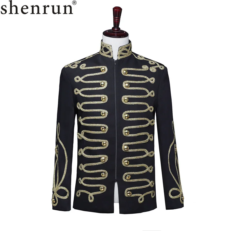 

Shenrun Men Black Zipper Blazer Court Military Full Dress Stand Collar Host Singer Dancer Fashion Jacket DJ Party Stage Costume