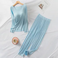 Spring and Autumn New Women's Modal Threaded Pajamas Long Sleeve Long Pants with Chest Pad Large Size Home Service Two-piece Set