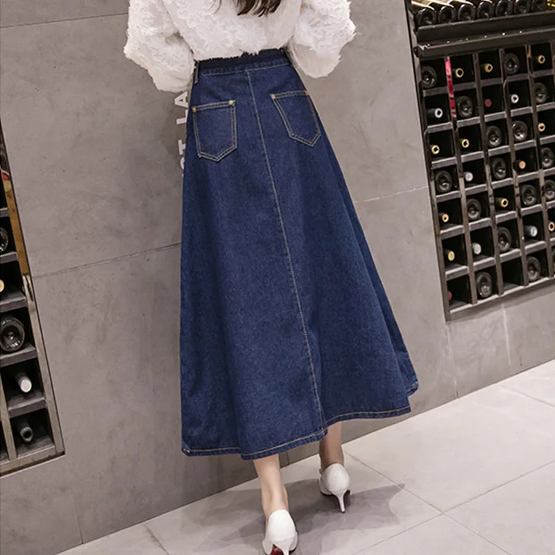 Spring Big Swing A-Line Casual Buttons Midi Denim Skirt Women Single Breasted Fashion Slim Long Jean Skirts Loose Solid Clothing